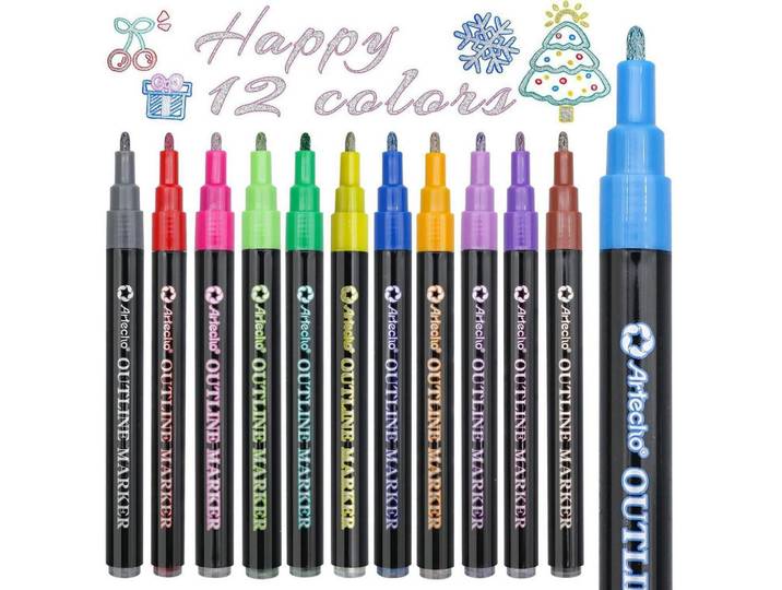 Marker 12er Set Outline Stifte Glitzer Effekt, Mehrfarbig, Kunststoff, 1x1x14 cm, Dekoration, Malbedarf & Bastelbedarf