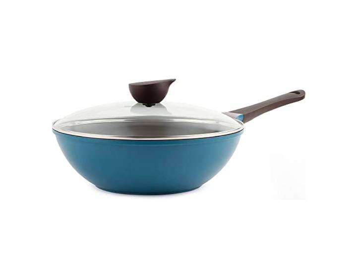 Neoflam Wok (Chef's Pan) with Glass Lid - 12-inch Ceramic Nonstick in Deep Blue by