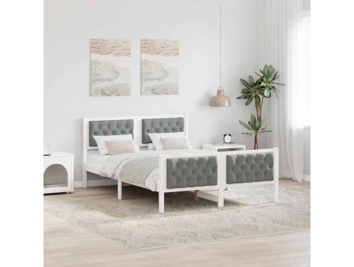 YUOTYRKTEJRSG Massives Kiefernholz Polsterbett Modern 140 x 190 cm Weiß Bettrahmen Hellgrau 140x190 cm Massives Kiefernholz Bettgestell mit Polster Kopfteil Lattenrost Stabil Modern