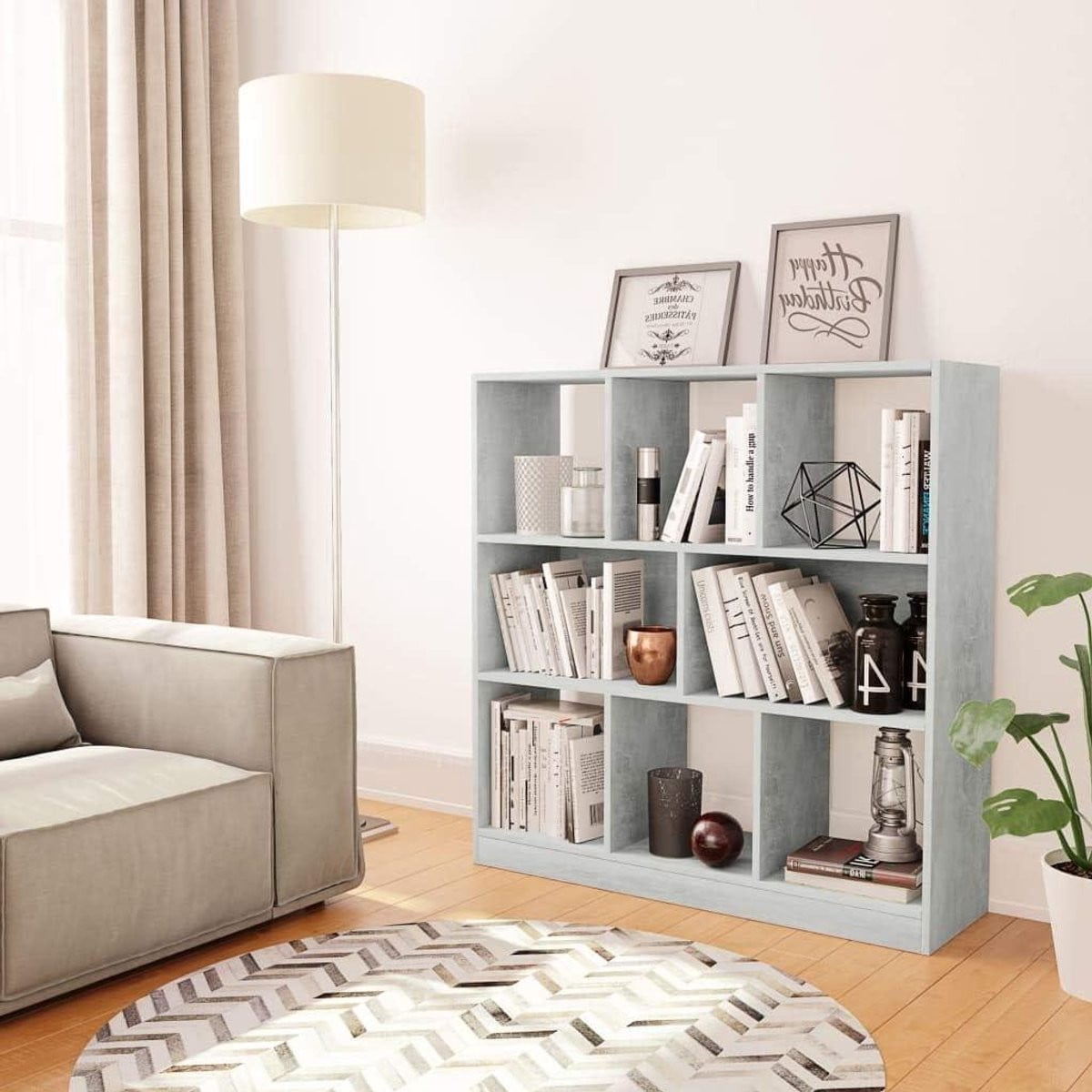 Stijlvolle houten boekenkast met betonlook in grijs, Breedte: 97.5 cm