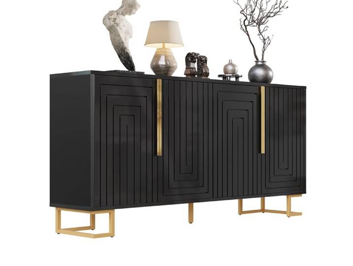 Buffet bas noir 152x40x75 cm design géométrique 2 portes 4 compartiments MDF pieds métal TYNQER