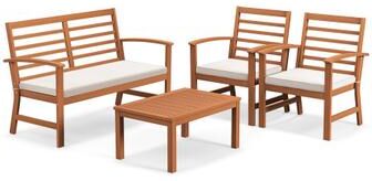 Costway 4 Pieces Outdoor Furniture Set with Stable Acacia Wood Frame-Beige
