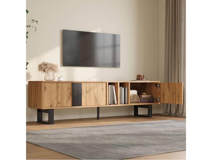 Meuble TV 160 cm avec rangements asymétriques et passe-câbles - LPOSPI - 3 portes métal noir bois naturel
