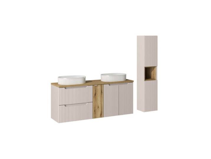 Ensemble Salle de bain Meuble double vasques + plateau effet chêne 140 cm + Colonne - A portes + tiroirs - Astral Beige