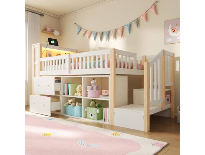 DUlVBPE Hochbett, 90 x 200 cm, mit Schubladen, Staufächern, trapezförmigem Schrank, LED-Beleuchtung, Matratze Nicht enthalten,Natur