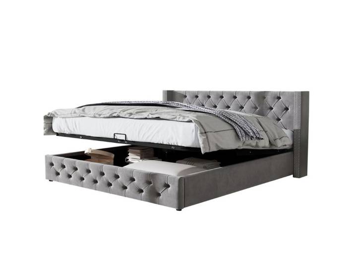 Lit double 140x190 avec tête oreiller capitonnée rivets en flanelle fond non-tissé imperméable