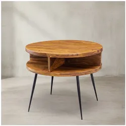 KADIMA DESIGN Massivholz sheesham Couchtisch, rund, 4 Ablagefächer, schwarzes Metallgestell.