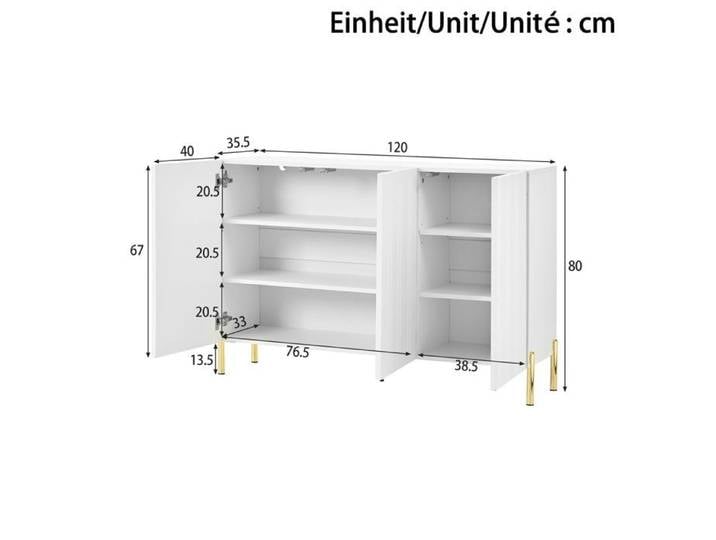 Buffet 120x35.5x80cm Blanc 3 Portes - Buffet salon - Façade Cannelée Sans Poignée Pieds Dorés Étagères Réglables Chic