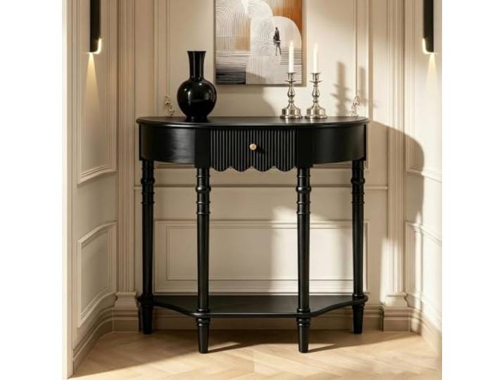 Massivholz Konsolentisch Mit Schublade, Schmaler Flurtisch Halbrund Massivholz-Konstruktion, Platzsparendes Design, Vintage-Akzente, Einfache Montage(Black,31.5inW/80cm)