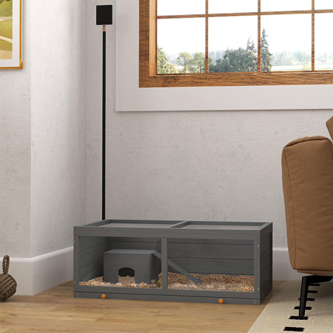 PawHut Wooden Hamster Cage with Sliding Tray Openable Top Hut Grey 38cm H X 100cm W X 58cm D