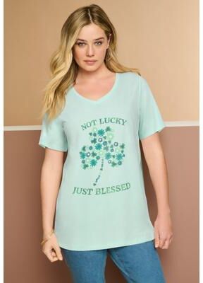 Plus Size Women's Graphic Tee by Roaman's in Mint Lucky (Size 30/32)
