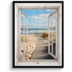 POSTER MIT RAHMEN Fenster - Meer - Küste - Natur - Ausblick - Strand - Wattenmeer Posterleiste 60x80 cm