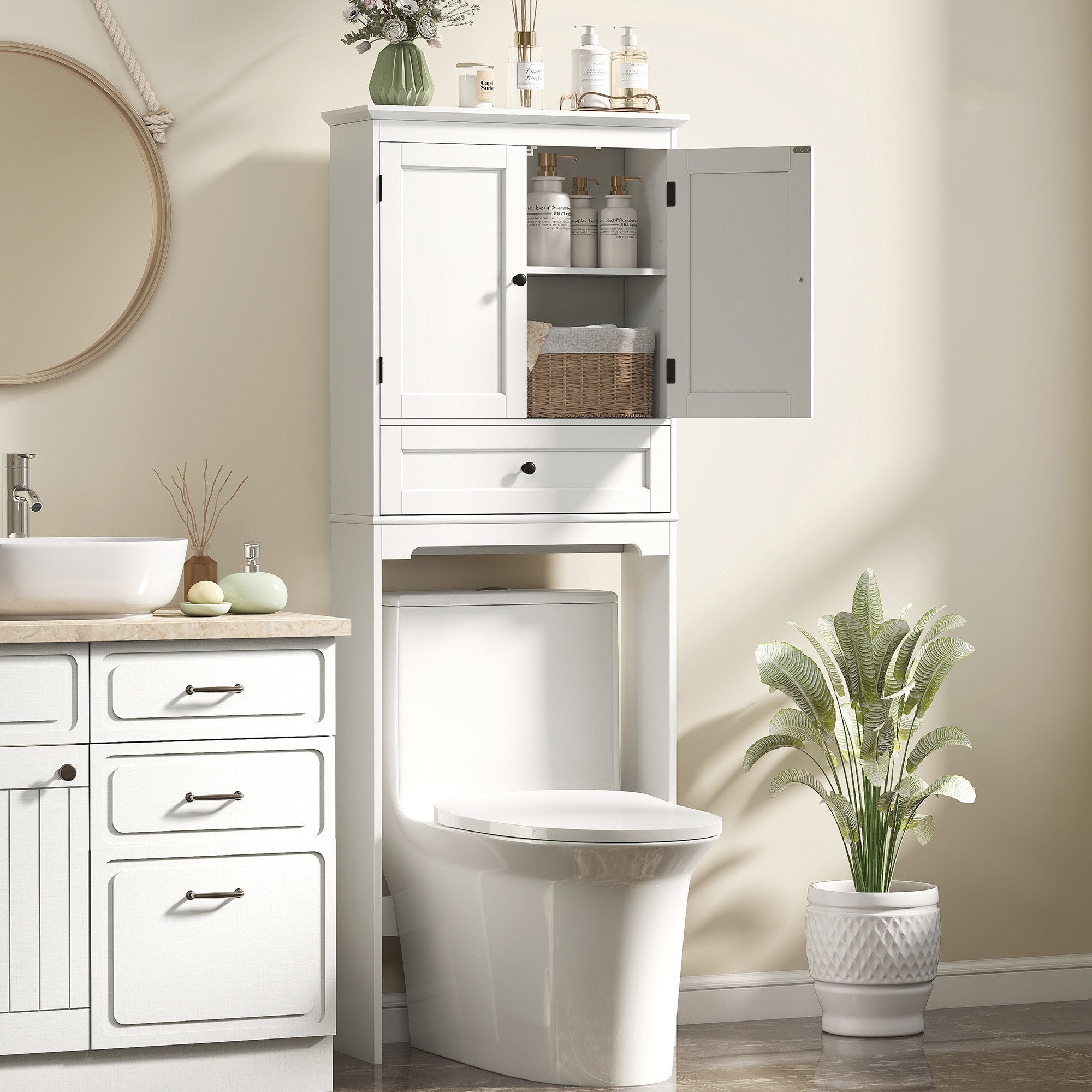 Homcom Mobile sopra WC con 2 ante, cassetto e ripiano regolabile, bianco   Aosom Italy