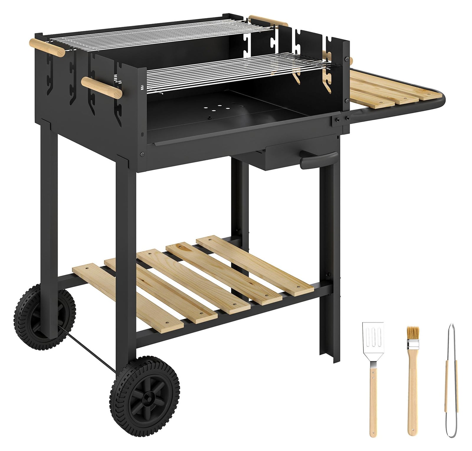 Outsunny houtskoolgrill met karretje en grillrooster met 4 hoogtestanden