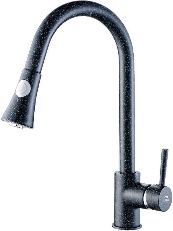 Laveo Design kraan voor spoelbak, vrijstaand model met uitschuifbare tuit en waterbesparende functie, zwartgranietkleur