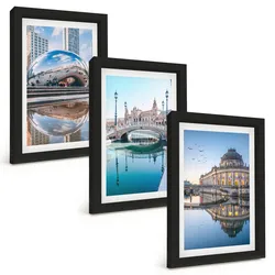 BILDER SET 3er Set - 20x30 cm Schwarzer Rahmen - Architektur von Städten am Wasser