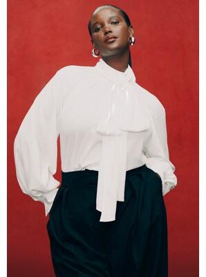 Plus Size Women's Dramatic Neck-Tie Blouse by ELOQUII in Sugar Swizzle (Size 28)