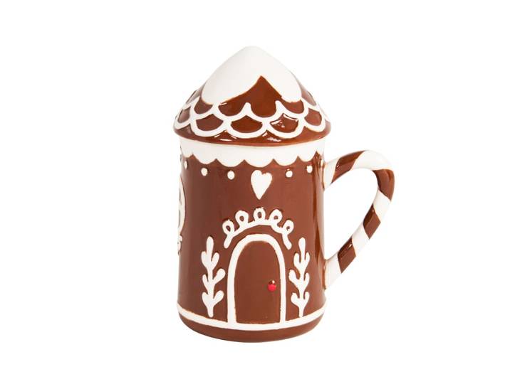 Weihnachtstasse Lebkuchenhaus mit Deckel, braun und weiß H16cm