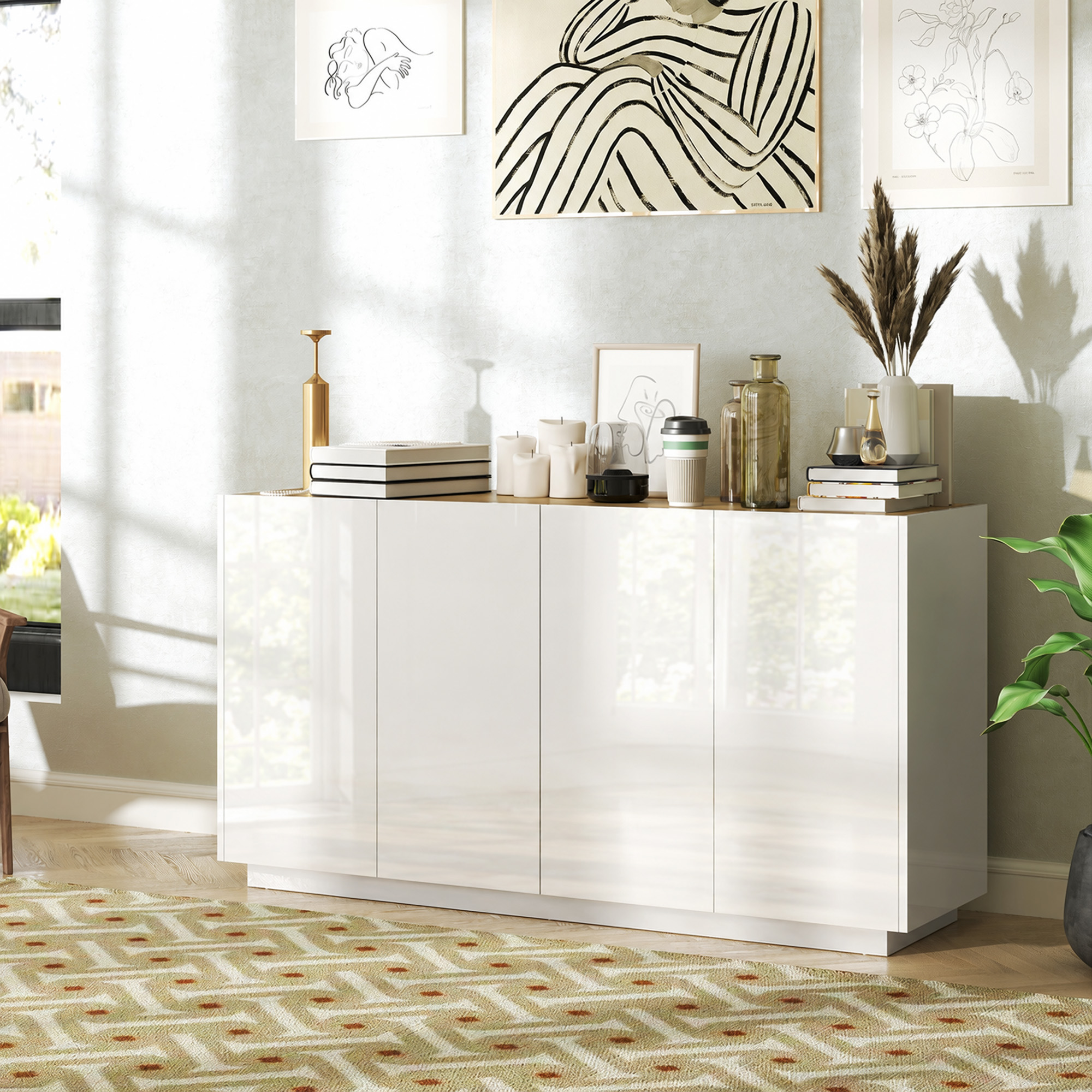 Homcom Credenza Moderna con Armadietti a 2 Ante, Chiusura Ammortizzata e Ripiani Regolabili, 140x40x75cm, Bianco Lucido