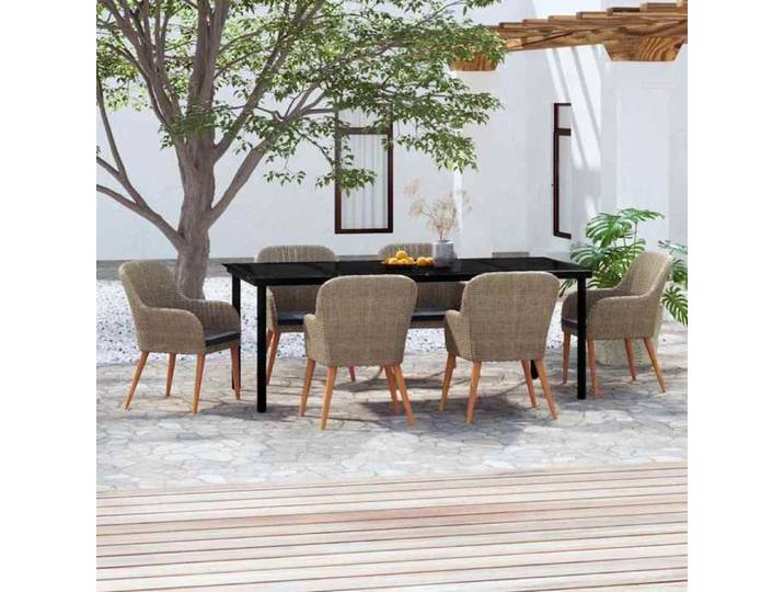 Ensemble Manger Marron Coussins Confortables Salon Extérieur 7 Pièces Jardin Terrasse