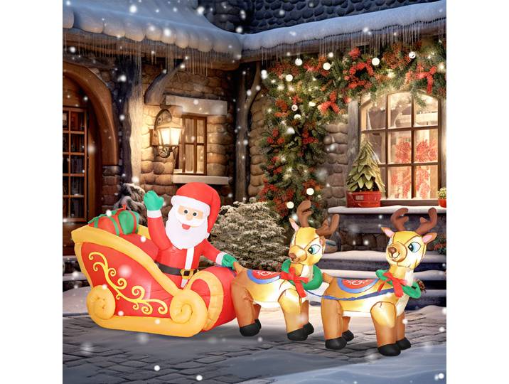 Père Noël gonflable Outsunny avec traîneau et renne, gonflables de Noël avec lumières LED, décoration de Noël pour l'extérieur et l'intérieur