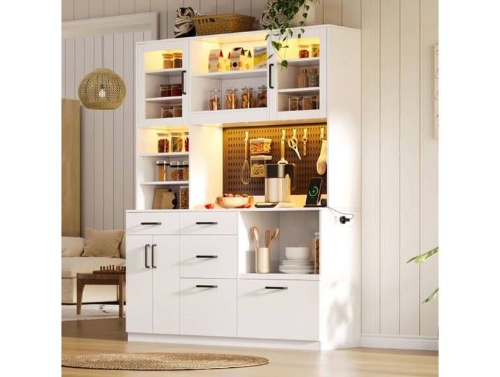 Piaenon - Buffet de Cuisine 145x40x185 cm avec LED 4 Portes 5 Tiroirs Plan de Travail LED RGB App Prises USB - Blanc