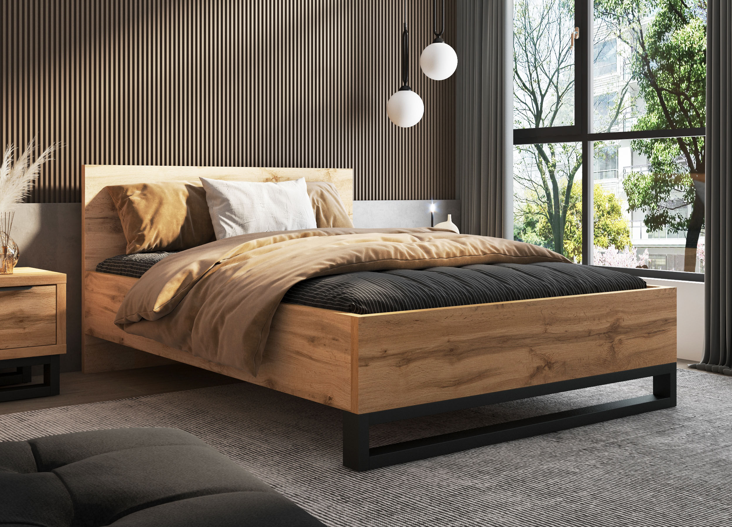 Bettgestell HOME AFFAIRE "Bronne, Topeseller, Industrial Design", braun (wotan eiche, wotan eiche, schwarz), B:148cm H:93,5cm L:208,5cm, Betten, Bettgestell, Stauraumbett in drei Breiten, stabil mit Kufen in Metalloptik wotan eiche, wotan eiche, schwarz L