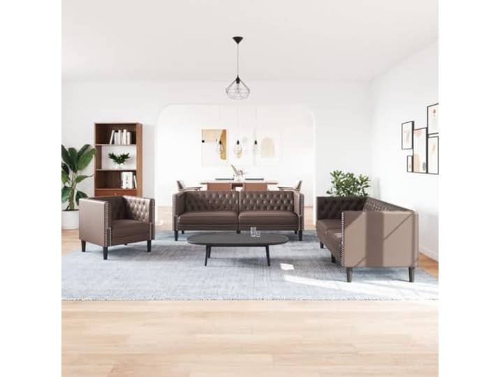KTHLBRH Chesterfield-Sofa-Set, 3-teilig, braun, Kunstleder Strapazierfähiges Kunstleder, Schaumstoffpolsterung, robuste Beine, maximale Traglast 110 kg