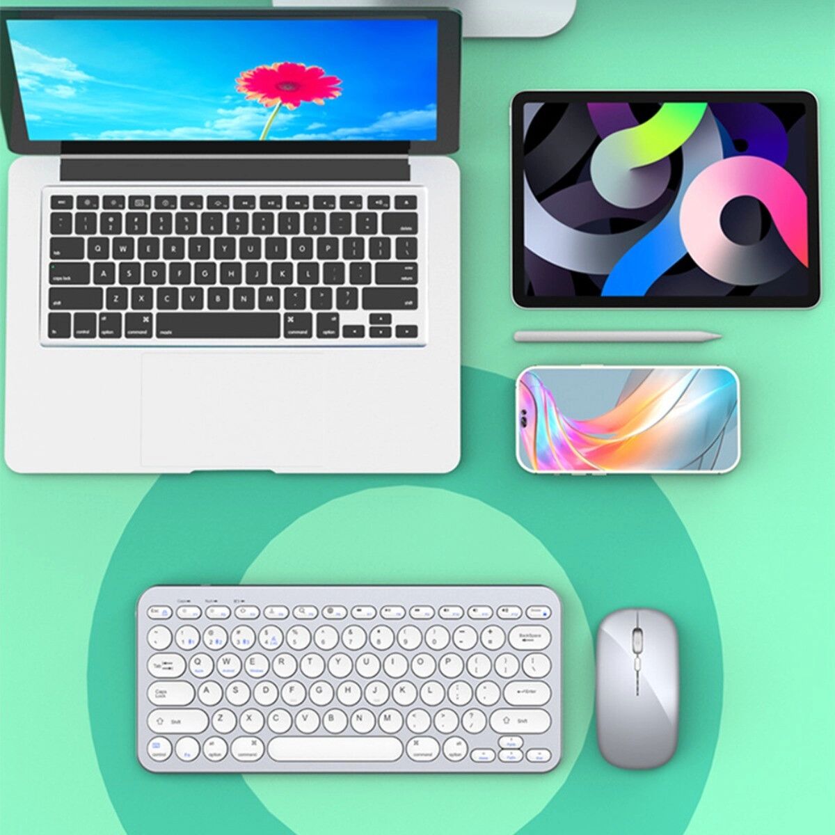 INF Dual-Modus Wireless Tastatur – 78 Tasten Scherenmechanik, Wiederaufladbar, Low-Power Bluetooth, Multi-Device Pairing Silber+Weiß