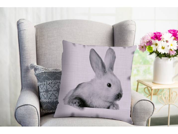 Dekokissen QUEENCE Barry , grau (grau, bedruckt), B:40cm L:40cm, Polyester, Dekokissen_Sitzkissen_Kissenhüllen, Dekokissen, süsser Hase