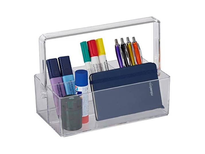 Relaxdays Organiseur à poignée\, 4 Compartiments\, Plastique\, Rangement Bureau et cosmétiques\, Portable\, Transparent