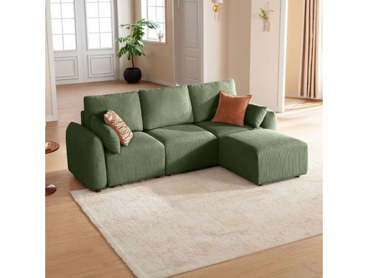 JINOVIA Canapé d'angle modulable 3 places avec ottoman en velours côtelé – Vert