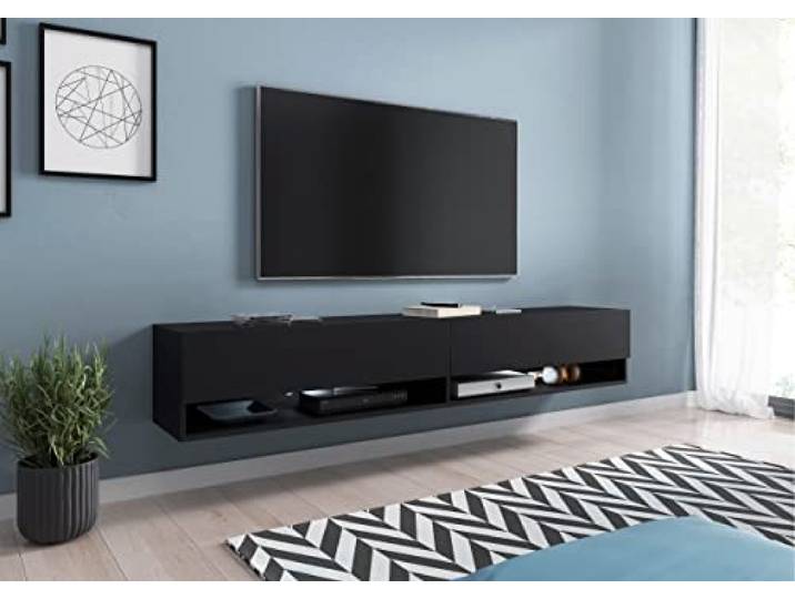 MINIO go for it - Lowboard TV-Schrank 100x30x33cm, Türen und Regalen Offene Nischen Laminierte Spannplatte Praktisch und Funktionell Schwarz Graphit