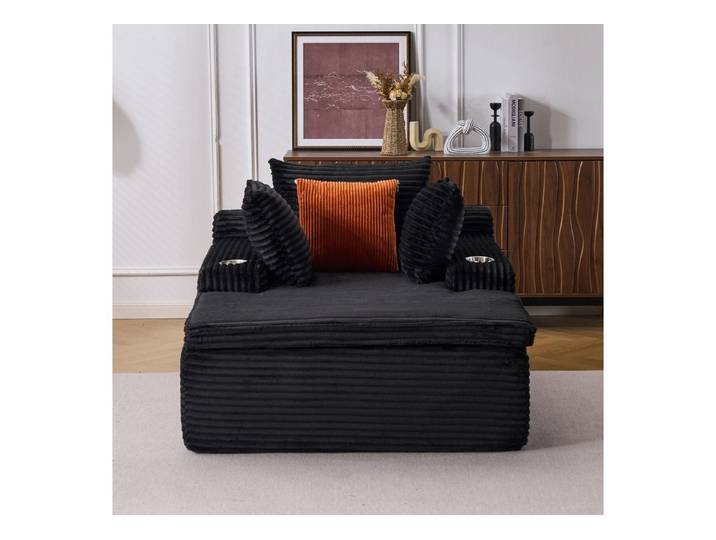 ANYSUN Chaiselongue XXL Relaxsessel aus Cord mit Federkern und tiefer Sitzfläche,3 Kissen, Loungesofa mit Decke,Getränkehaltern,montagefrei,Seitentaschen,Schwarz