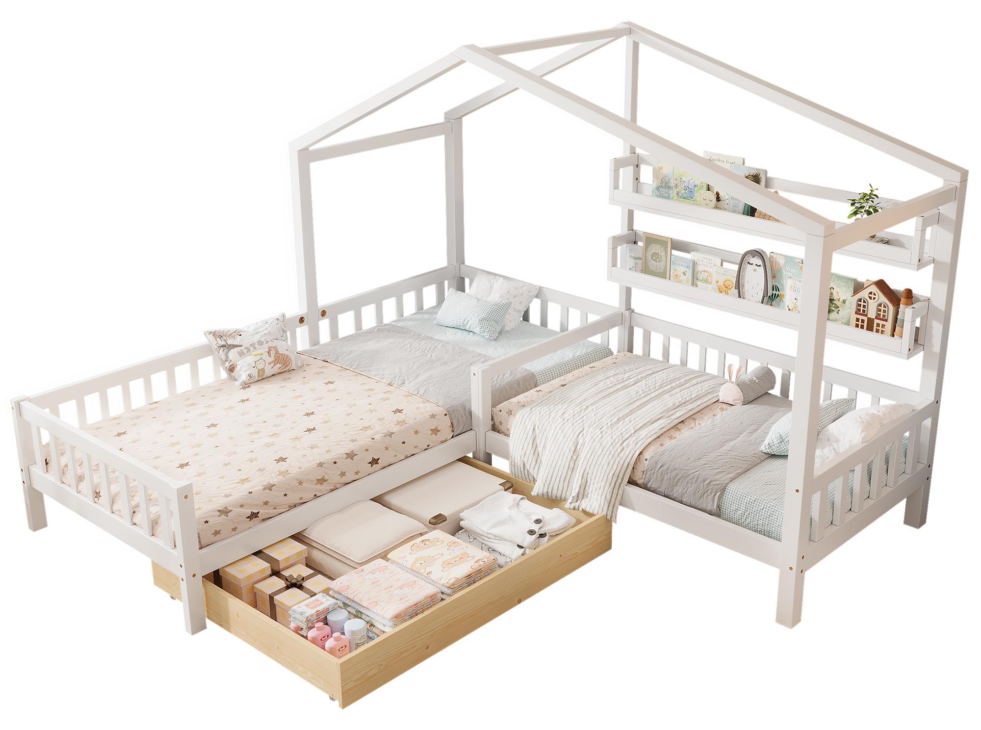 Kinderbett mit 2 Liegeflächen, 90x200cm/70x140cm, Hausbett inkl. Schublade, Lattenroste und Regale, Holzbett mit Zaun