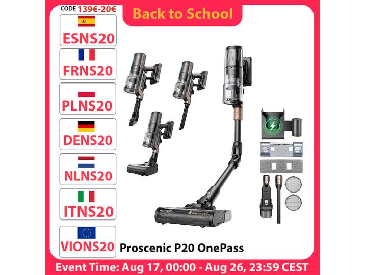 Aspirateur sans fil Proscenic P20 OnePass, aspiration 70000 Pa, autonomie de 70 minutes, moteur sans balais 680 W, nettoyage humide et sec
