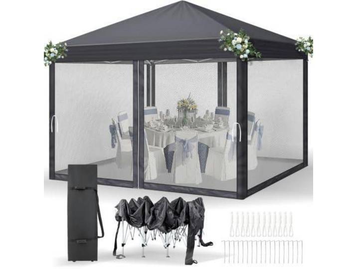 Pavillon 3 x 3 m wasserdicht UV Schutz 50+ mit 4 Mesh-Seitenteilen Dunkelgrau, Anthrazit, 255x300x300 cm, Sonnenschutz, Pavillons
