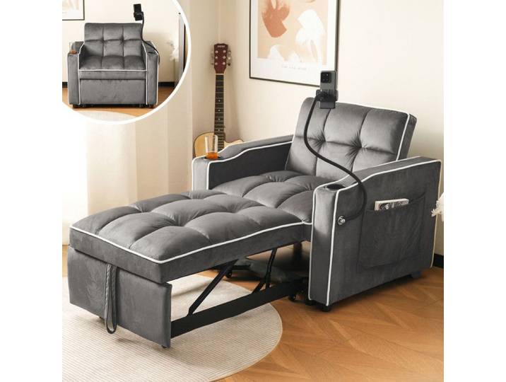 Fauteuil Convertible avec Porte-Gobelet et Support Téléphone Canapé 1 Place avec Poche Gris