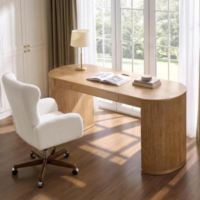 "HULALA HOME Modern 60""W Oval Solid Wood Fluted Writing Desk with Charging Station"