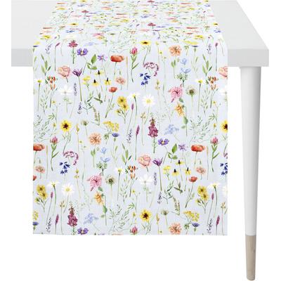 Tischläufer APELT "6815 SPRINGTIME, Frühjahrsdeko, Frühling", bunt (hellblau, bunt), B:48cm L:140cm, Baumwolle, Polyester, Tischdecken, Digitaldruck, mit Frühjahrsblüten, wie auf einer Streublumenwiese