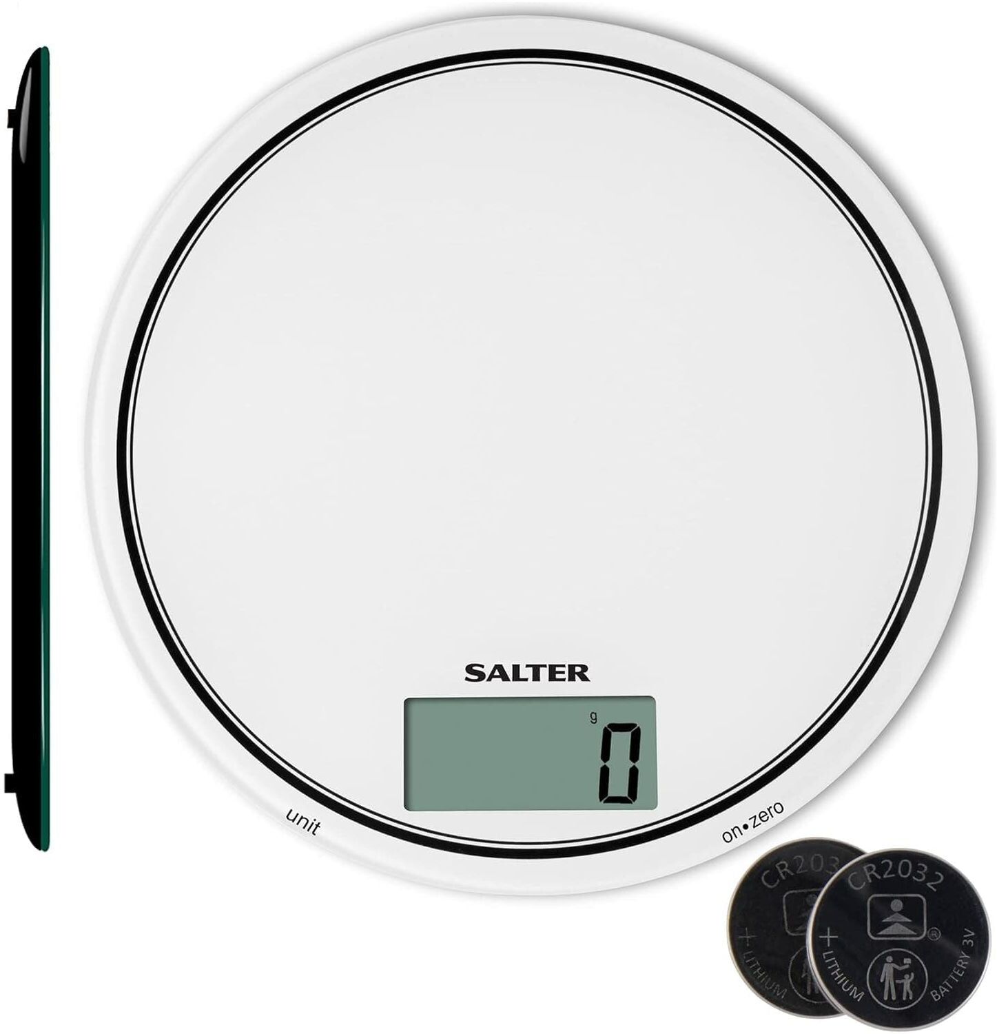 Salter 1080 WHDR12 Digital Kitchen Scale 5KG - Touch Sensitive, Zero Add & Weigh, Measures Liquids, Easy Clean Glass, g/oz, White, New