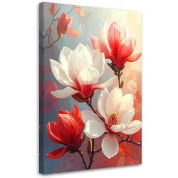 LEINWANDBILDER, Weiße und rote Magnolien in zarten Pastelltönen