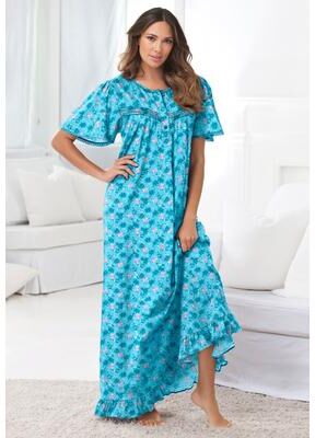 Plus Size Women's Long Floral Print Cotton Gown by Dreams & Co. in Caribbean Blue Roses (Size 1X) Pajamas