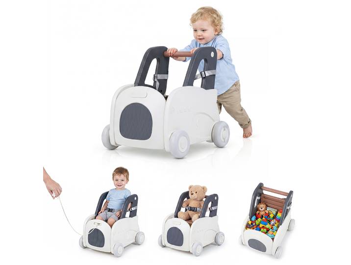 Baby Loopwagen Looplernhulp met Handvat Trekkoord Klapzit Veiligheidsriem Speelgoedkist op Wielen Loopwagen voor Rijden Lopen Trekken Speelgoedwagen voor Baby's van 18-36 Maanden