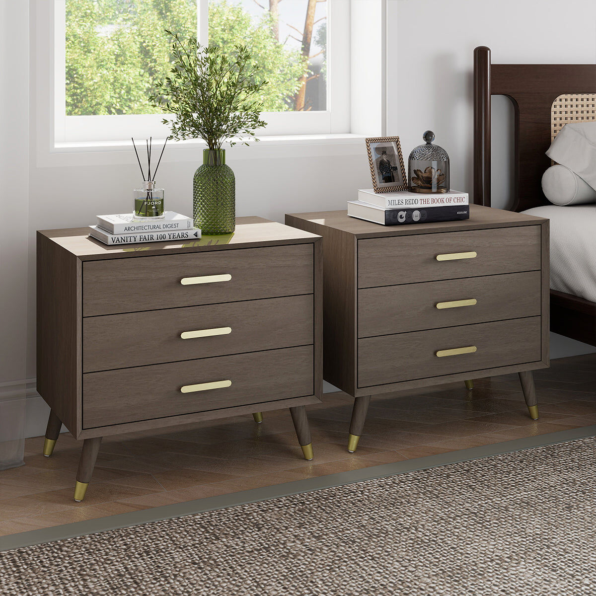 Pair of Large 3 Drawer Bedside Tables - Oslo Dark Wood Range Wood, Metal