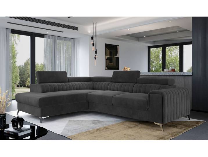 Lukas Möbel Ecksofa Modernes Ecksofa Laura mit Schlaffunktion Bettkasten, regulierbare Kopfstützen, Bettfunktion, Rückseite bezogen