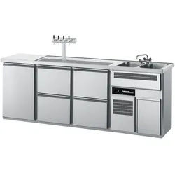 CHROMOnorm Getränketheke mit zwei Becken rechts, eine Tür und 4 Zügen 1/2