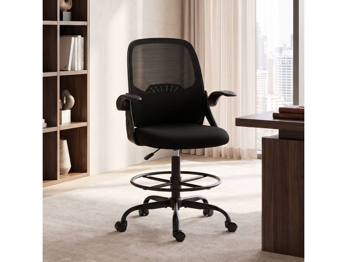 HOMCOM Chaise Bureau Ergonomique Maille Accoudoirs Relevables Noir