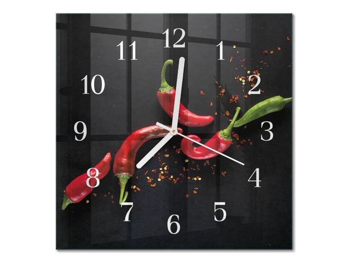 Tulup Wanduhr aus Glas 30x30 cm - Chilischoten, Schwarz, Quadratisch, 30x30x0.4 cm, Dekoration, Uhren, Wanduhren