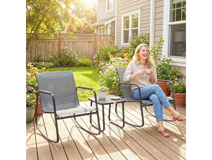 Outsunny Ensemble Bistrot Jardin 2 Chaises Bascule + Table Gris